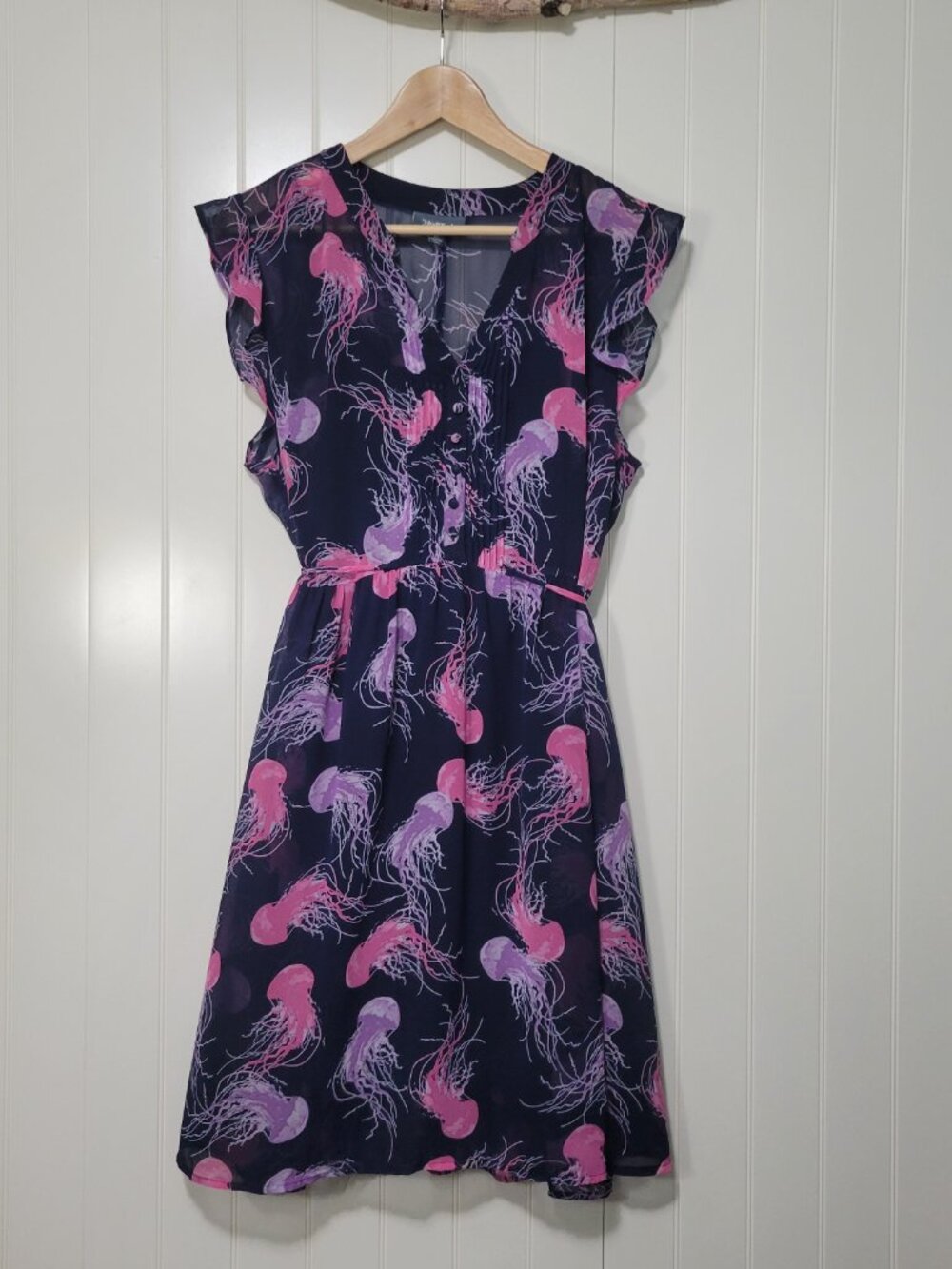 ModCloth 50s 60s Retro Whimsical Navy Jellyfish Ocean Sea Print Chiffon Dress XL - Picture 14 of 14